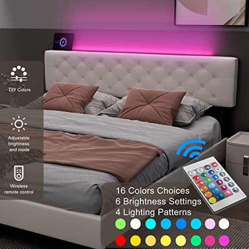 IKIFLY California King Bed Frames with Adjustable Headboard, Modern Upholstered Cal King Platform Bed with LED Lights & 2 USB Ports, Strong Wood Slat Support, No Box Spring Needed - White