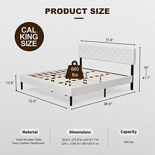 IKIFLY California King Bed Frames with Adjustable Headboard, Modern Upholstered Cal King Platform Bed with LED Lights & 2 USB Ports, Strong Wood Slat Support, No Box Spring Needed - White