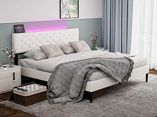 IKIFLY California King Bed Frames with Adjustable Headboard, Modern Upholstered Cal King Platform Bed with LED Lights & 2 USB Ports, Strong Wood Slat Support, No Box Spring Needed - White