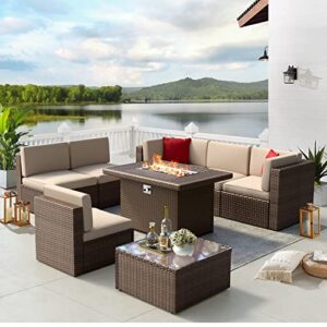 aoxun 8pcs patio furniture set with 44″ fire pit table outdoor sectional sofa set wicker furniture set with coffee table, brown wicker