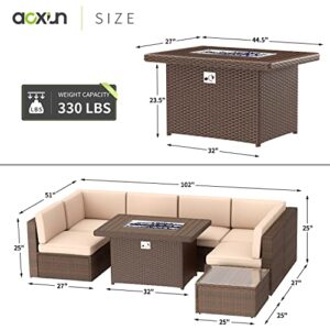 Aoxun 8PCS Patio Furniture Set with 44" Fire Pit Table Outdoor Sectional Sofa Set Wicker Furniture Set with Coffee Table, Brown Wicker