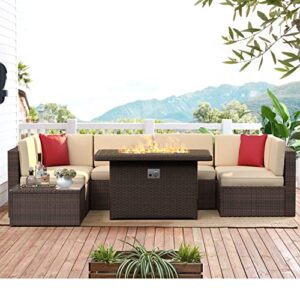 Aoxun 8PCS Patio Furniture Set with 44" Fire Pit Table Outdoor Sectional Sofa Set Wicker Furniture Set with Coffee Table, Brown Wicker