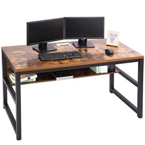 TOPSKY Computer Desk with Bookshelf/Metal Hole Cable Cover 1.18" Thick Desk (55", Rustic Brown)