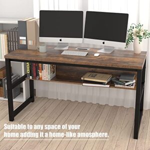 TOPSKY Computer Desk with Bookshelf/Metal Hole Cable Cover 1.18" Thick Desk (55", Rustic Brown)