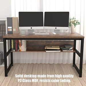 TOPSKY Computer Desk with Bookshelf/Metal Hole Cable Cover 1.18" Thick Desk (55", Rustic Brown)