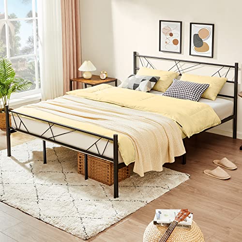 WOHOMO Queen Bed Frame with Headboard, Upgarded 14 Support Leg Bedframe Metal Platform, Never Squeaky, Heavy Duty Steel Slats Mattress Foundation, No Box Spring Needed, Black