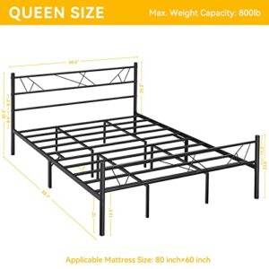 WOHOMO Queen Bed Frame with Headboard, Upgarded 14 Support Leg Bedframe Metal Platform, Never Squeaky, Heavy Duty Steel Slats Mattress Foundation, No Box Spring Needed, Black