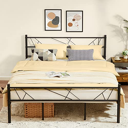 WOHOMO Queen Bed Frame with Headboard, Upgarded 14 Support Leg Bedframe Metal Platform, Never Squeaky, Heavy Duty Steel Slats Mattress Foundation, No Box Spring Needed, Black