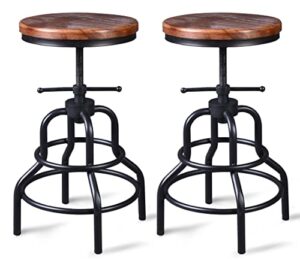 lokkhan vintage industrial bar stool-rustic swivel bar stool-round wood metal stool-kitchen counter height adjustable pipe stool-cast steel stool 20-27 inch (set of 2)