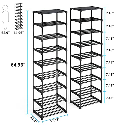 Tribesigns Shoe Rack, 9 Tiers Tall Shoe Rack for Entryway 18 Pairs Shoes and Boots Storage Shelf, Stackable and Narrow Vertical Shoe Organizer for Closet, (Black, 17.32"x 12.2"x64.96")