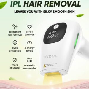 XSOUL At-Home IPL Hair Removal for Women and Men Permanent Hair Removal 999,999 Flashes Painless Hair Remover on Armpits Back Legs Arms Face Bikini Line, Corded