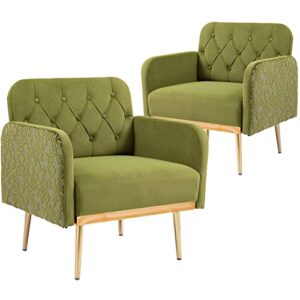 velvet living room chairs accent chairs set of 2 mid century modern single sofa reading chair comfy upholstered button tufted armchair for bedroom with rose golden metal legs flowers (2pcs green)