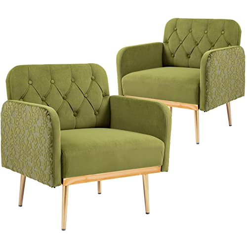 Velvet Living Room Chairs Accent Chairs Set of 2 Mid Century Modern Single Sofa Reading Chair Comfy Upholstered Button Tufted Armchair for Bedroom with Rose Golden Metal Legs Flowers (2pcs Green)