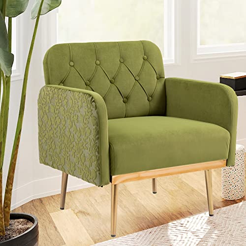 Velvet Living Room Chairs Accent Chairs Set of 2 Mid Century Modern Single Sofa Reading Chair Comfy Upholstered Button Tufted Armchair for Bedroom with Rose Golden Metal Legs Flowers (2pcs Green)