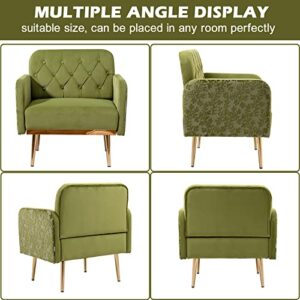 Velvet Living Room Chairs Accent Chairs Set of 2 Mid Century Modern Single Sofa Reading Chair Comfy Upholstered Button Tufted Armchair for Bedroom with Rose Golden Metal Legs Flowers (2pcs Green)