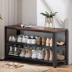 apicizon shoe bench, 3-tier 35.5 inches shoe rack for entryway with long seat and metal shelves for garage, industrial steel storage bench for living room, bedroom, mudroom, rustic brown