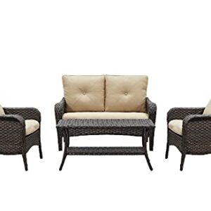 Rilyson Patio Conversation Set, 4 Piece Outdoor Patio PE Rattan Wicker Sofa Furniture Set, Deep Seating Couch Chairs and Coffee Table for Backyard Porch Lawn Garden
