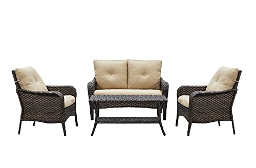 Rilyson Patio Conversation Set, 4 Piece Outdoor Patio PE Rattan Wicker Sofa Furniture Set, Deep Seating Couch Chairs and Coffee Table for Backyard Porch Lawn Garden