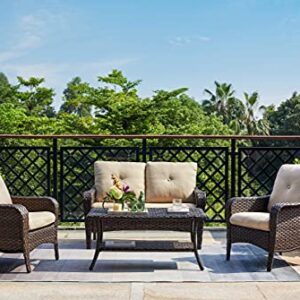 Rilyson Patio Conversation Set, 4 Piece Outdoor Patio PE Rattan Wicker Sofa Furniture Set, Deep Seating Couch Chairs and Coffee Table for Backyard Porch Lawn Garden