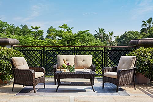 Rilyson Patio Conversation Set, 4 Piece Outdoor Patio PE Rattan Wicker Sofa Furniture Set, Deep Seating Couch Chairs and Coffee Table for Backyard Porch Lawn Garden