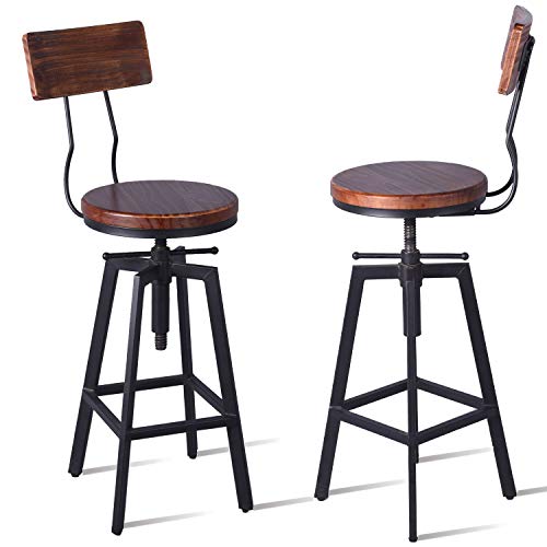 Diwhy Industrial Bar Stool Wood Metal Bar Stool,Adjustable Height Swivel Counter Height Bar Chair with Backrest,Black,Fully Welded Set of 2 (Brown Wooden Top with Wooden Backrest)