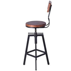 Diwhy Industrial Bar Stool Wood Metal Bar Stool,Adjustable Height Swivel Counter Height Bar Chair with Backrest,Black,Fully Welded Set of 2 (Brown Wooden Top with Wooden Backrest)