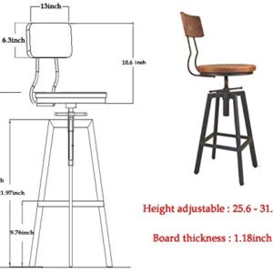 Diwhy Industrial Bar Stool Wood Metal Bar Stool,Adjustable Height Swivel Counter Height Bar Chair with Backrest,Black,Fully Welded Set of 2 (Brown Wooden Top with Wooden Backrest)