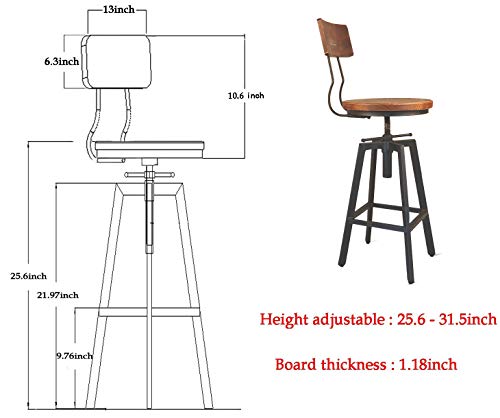 Diwhy Industrial Bar Stool Wood Metal Bar Stool,Adjustable Height Swivel Counter Height Bar Chair with Backrest,Black,Fully Welded Set of 2 (Brown Wooden Top with Wooden Backrest)