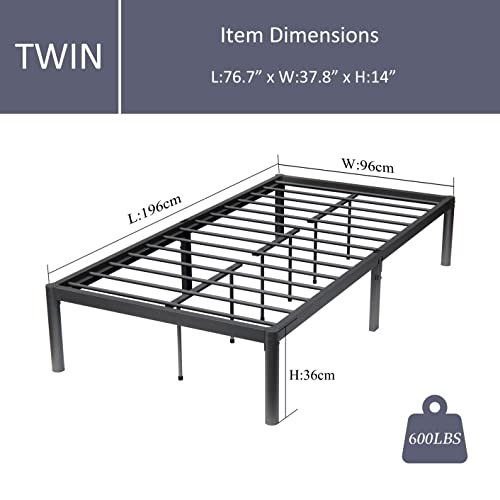 Noillats Metal Platform Twin Bed Frame, 14" Reinforced Platform Bed Frame, No Box Spring Needed, Metal Bed Frame with Storage