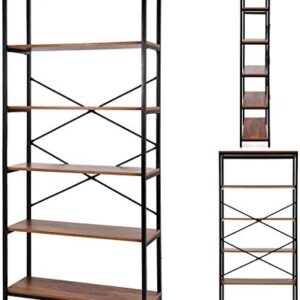 Solid Open Book Shelves, 71 Tall Modern Bookshelf 6 Foot, Free Standing Display Shelving Unit, 5 Tier Industrial Bookcase for Living Room Bedroom - Black Metal Frame & Rustic Cherry Wooden Shelves