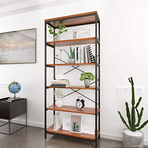 Solid Open Book Shelves, 71 Tall Modern Bookshelf 6 Foot, Free Standing Display Shelving Unit, 5 Tier Industrial Bookcase for Living Room Bedroom - Black Metal Frame & Rustic Cherry Wooden Shelves