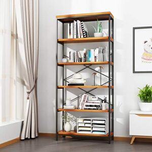 Solid Open Book Shelves, 71 Tall Modern Bookshelf 6 Foot, Free Standing Display Shelving Unit, 5 Tier Industrial Bookcase for Living Room Bedroom - Black Metal Frame & Rustic Cherry Wooden Shelves