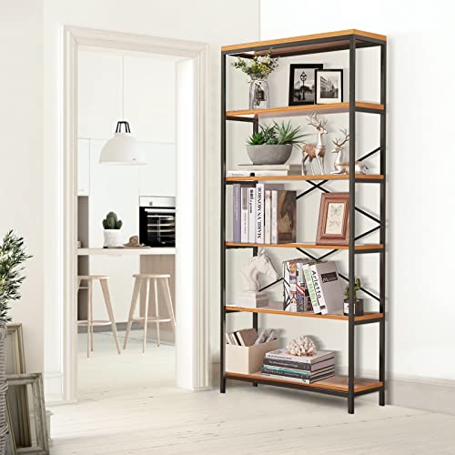 Solid Open Book Shelves, 71 Tall Modern Bookshelf 6 Foot, Free Standing Display Shelving Unit, 5 Tier Industrial Bookcase for Living Room Bedroom - Black Metal Frame & Rustic Cherry Wooden Shelves