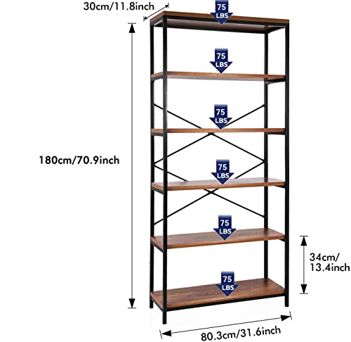 5 Tier Industrial Bookshelf, Vintage Standing Storage Shelf, Display Shelving Units, Tall Bookcase, Industrial Metal Book Shelves for Living Room Bedroom and Home Office