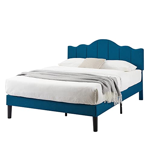 VECELO Full Upholstered Platform Bed Frame,Mattress Foundation with Height Adjustable Tufted Headboard,Strong Wood Slat Support, No Box Spring Needed,Dark Blue