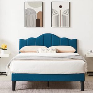vecelo full upholstered platform bed frame,mattress foundation with height adjustable tufted headboard,strong wood slat support, no box spring needed,dark blue