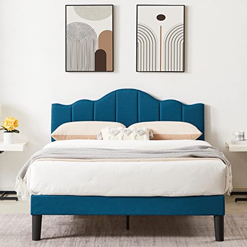 VECELO Full Upholstered Platform Bed Frame,Mattress Foundation with Height Adjustable Tufted Headboard,Strong Wood Slat Support, No Box Spring Needed,Dark Blue