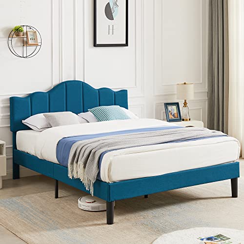 VECELO Full Upholstered Platform Bed Frame,Mattress Foundation with Height Adjustable Tufted Headboard,Strong Wood Slat Support, No Box Spring Needed,Dark Blue