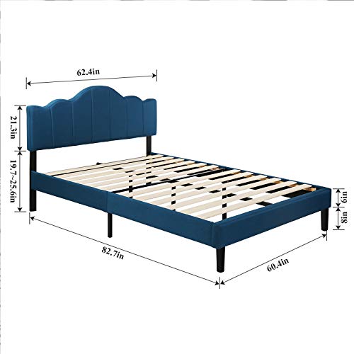 VECELO Full Upholstered Platform Bed Frame,Mattress Foundation with Height Adjustable Tufted Headboard,Strong Wood Slat Support, No Box Spring Needed,Dark Blue