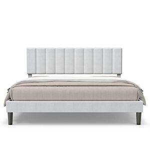 bonsoir queen size bed frame modern vertical panel upholstered low profile platform with tufted headboard/no box spring needed/no bed skirt needed/linen fabric upholstery/light grey (queen size)