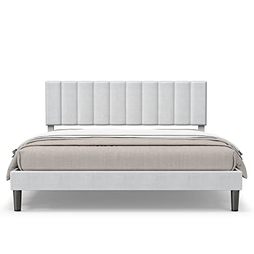 BONSOIR Queen Size Bed Frame Modern Vertical Panel Upholstered Low Profile Platform with Tufted Headboard/No Box Spring Needed/No Bed Skirt Needed/Linen Fabric Upholstery/Light Grey (Queen Size)