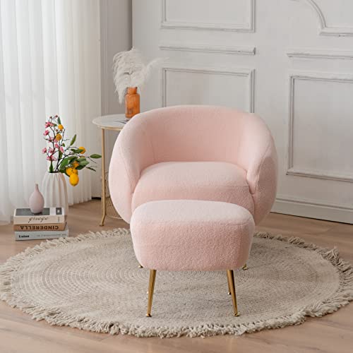 Karl home Barrel Chair with Ottoman Modern Accent Chair Ottoman Set Teddy Velvet Upholstered with Solid Wood Frame & Metal Legs for Living Room, Bedroom, Reception Room (pinck)