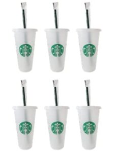 starbucks 6 pack bundle – reusable frosted 24 oz cold cups with lid and green straw w/ stopper