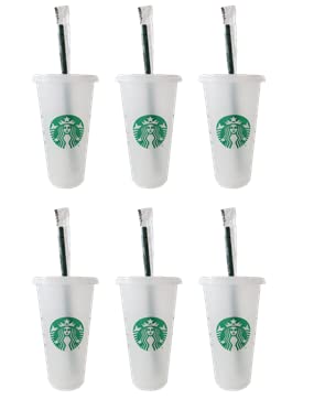 Starbucks 6 Pack Bundle - Reusable Frosted 24 oz Cold Cups with Lid and Green Straw w/ Stopper