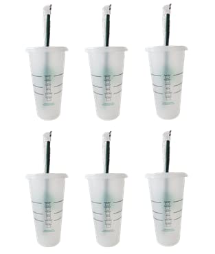 Starbucks 6 Pack Bundle - Reusable Frosted 24 oz Cold Cups with Lid and Green Straw w/ Stopper