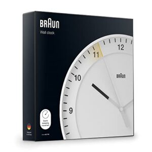 Braun Classic Large Analogue Wall Clock with Silent Sweep Movement, Easy to Read, 30cm Diameter in White, Model BC17W.