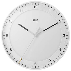 braun classic large analogue wall clock with silent sweep movement, easy to read, 30cm diameter in white, model bc17w.