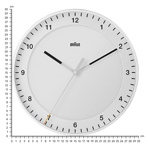 Braun Classic Large Analogue Wall Clock with Silent Sweep Movement, Easy to Read, 30cm Diameter in White, Model BC17W.