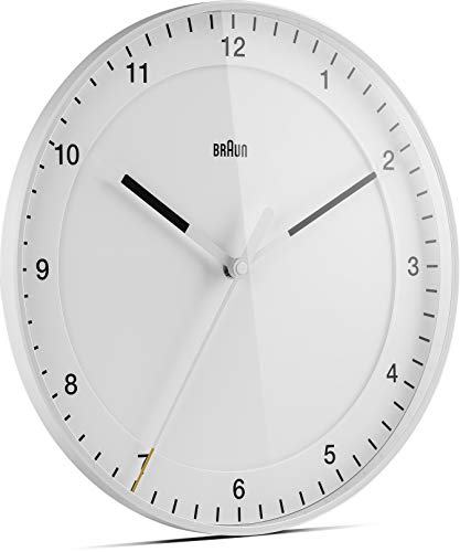 Braun Classic Large Analogue Wall Clock with Silent Sweep Movement, Easy to Read, 30cm Diameter in White, Model BC17W.