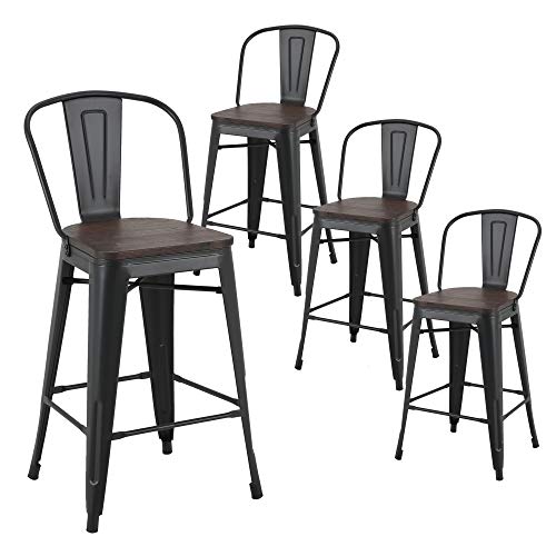 LSSBOUGHT Metal Barstools,Indoor-Outdoor Stackable Tolix Style Counter Stool with Wood Seat and Backrest Set of 4 (Black)